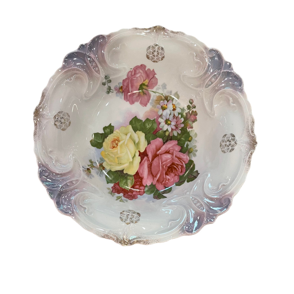 Unmarked Hand Painted Floral Roses‎ Large Serving Bowl 10.75"